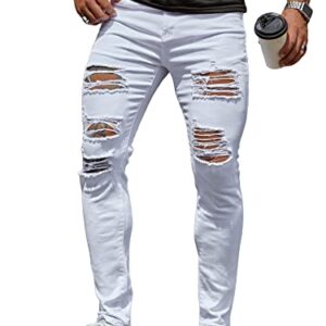 WDIRARA Men's High Waisted Ripped Skinny Jeans Long Denim Pants with Pocket White XXL