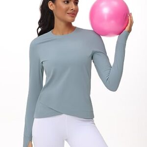Women's Long Sleeve Compression Shirts Workout Tops Cross Hem Athletic Running Yoga T-Shirts with Thumb Hole Denim Blue
