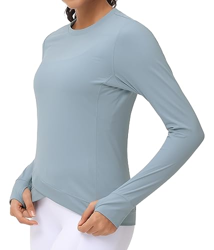 Women's Long Sleeve Compression Shirts Workout Tops Cross Hem Athletic Running Yoga T-Shirts with Thumb Hole Denim Blue