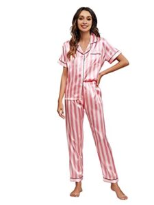 wdirara women's 2 piece sleepwear striped satin short sleeve shirt and pants pajama set pink m