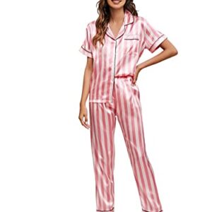 WDIRARA Women's 2 Piece Sleepwear Striped Satin Short Sleeve Shirt and Pants Pajama Set Pink M