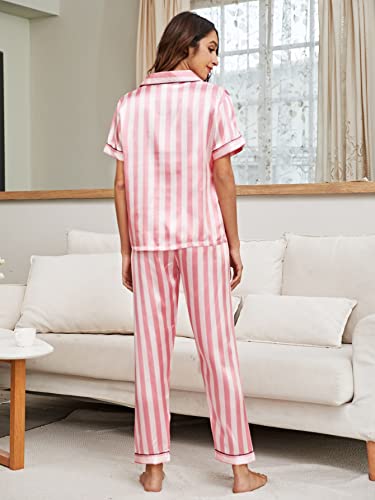 WDIRARA Women's 2 Piece Sleepwear Striped Satin Short Sleeve Shirt and Pants Pajama Set Pink M