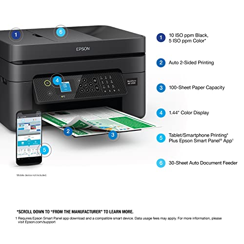 Epson Workforce WF-2930 Wireless All-in-One Printer with Scan, Copy, Fax, Auto Document Feeder, Automatic 2-Sided Printing and 1.4" Color Display,Black