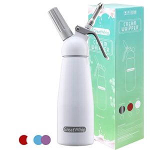 greatwhip whipped cream aluminum dispenser highly durable whip cream maker 500ml /1 pint large capacity cream whipper with 3 stainless steel nozzles & cleaning brush (white)