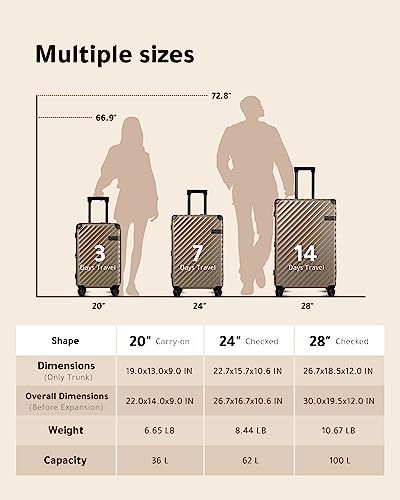 LUGGEX Champagne Carry On Luggage 22x14x9 - Polycarbonate Expandable Hard Shell Suitcase with Spinner Wheels