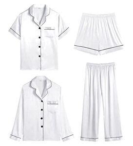 swomog silk satin pj sets for women 4 pieces button down pajama soft sleepwear white
