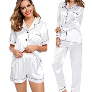 SWOMOG Silk Satin Pj Sets for Women 4 Pieces Button Down Pajama Soft Sleepwear White