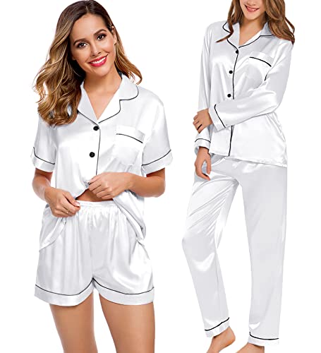 SWOMOG Silk Satin Pj Sets for Women 4 Pieces Button Down Pajama Soft Sleepwear White