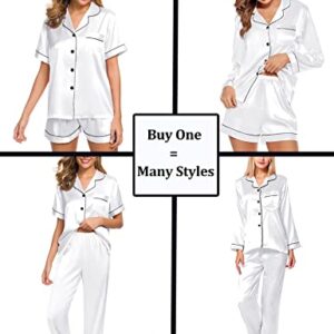 SWOMOG Silk Satin Pj Sets for Women 4 Pieces Button Down Pajama Soft Sleepwear White