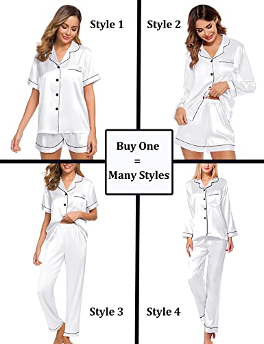 SWOMOG Silk Satin Pj Sets for Women 4 Pieces Button Down Pajama Soft Sleepwear White