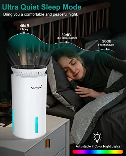 Dehumidifiers, Secmote Dehumidifiers for Home (560 Sq.ft), 63oz Ultra Quiet Portable Dehumidifier, Auto-off Small Dehumidifier with 7 Color Lights 2 Speed Modes for Basements Bedroom Closet Bathroom