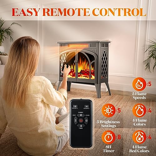 Rintuf Electric Fireplace Heater, 1500W Electric Fireplace Stove with 3D Flame Effect, 5100BTU Infrared Fireplace, Remote Control, Timer, Low Noise, Ideal for Indoor Home Use