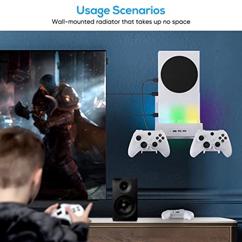 Wall Mount Holder for Xbox Series S, MENEEA Wall Mount Kit Accessories with Cooling Bracket, RGB LED Light Strip, USB Port, Controller Hook for Series S