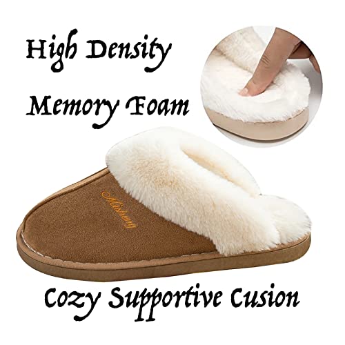 Afellicy Fluffy Slippers Memory Foam Tan Slippers for Women Fuzzy Winter Indoor Outdoor Suede Fur Lined Cozy Plush Warm Slip-On Anti-Skid House Shoes Furry Slippers