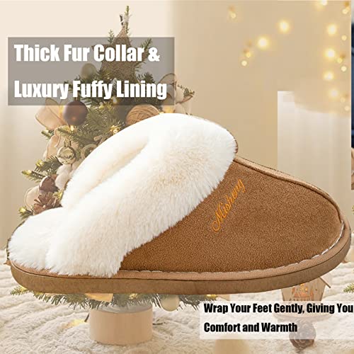 Afellicy Fluffy Slippers Memory Foam Tan Slippers for Women Fuzzy Winter Indoor Outdoor Suede Fur Lined Cozy Plush Warm Slip-On Anti-Skid House Shoes Furry Slippers