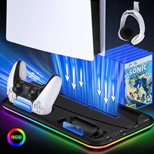 ps5 stand with 4 level cooling fan and rgb led, dual fast ps5 controller charging station for ps5 digital/disc, accessories incl. 6 game storage, headset holder, dust baffle