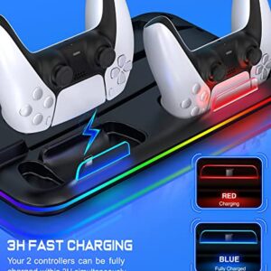 PS5 Stand with 4 Level Cooling Fan and RGB LED, Dual Fast PS5 Controller Charging Station for PS5 Digital/Disc, Accessories Incl. 6 Game Storage, Headset Holder, Dust Baffle