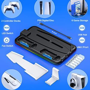 PS5 Stand with 4 Level Cooling Fan and RGB LED, Dual Fast PS5 Controller Charging Station for PS5 Digital/Disc, Accessories Incl. 6 Game Storage, Headset Holder, Dust Baffle