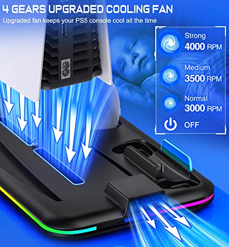 PS5 Stand with 4 Level Cooling Fan and RGB LED, Dual Fast PS5 Controller Charging Station for PS5 Digital/Disc, Accessories Incl. 6 Game Storage, Headset Holder, Dust Baffle