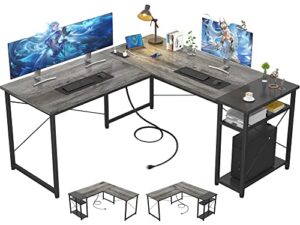 ecoprsio l-shaped desk with power station and usb, large l shaped gaming desk with storage shelves industrial corner desk writing study table for home office gaming workstation, oak and black
