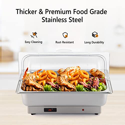 ROVSUN Electric 9 QT Stainless Steel Chafing Dish Buffet Set,Roll Top Catering Chafer Server Food Warmer with Full Size & 2 Detachable Food Pans,Transparent PC Lid for Party Wedding Banquet