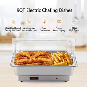 ROVSUN Electric 9 QT Stainless Steel Chafing Dish Buffet Set,Roll Top Catering Chafer Server Food Warmer with Full Size & 2 Detachable Food Pans,Transparent PC Lid for Party Wedding Banquet