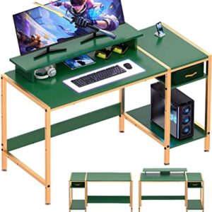 MINOSYS Gaming Computer Desk with Storage,Monitor Stand 47” Small, Writing Desk for 2 Monitors, Adjustable Storage Space, Modern Design Corner Table for Home Office, Green.