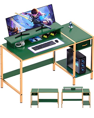 MINOSYS Gaming Computer Desk with Storage,Monitor Stand 47” Small, Writing Desk for 2 Monitors, Adjustable Storage Space, Modern Design Corner Table for Home Office, Green.