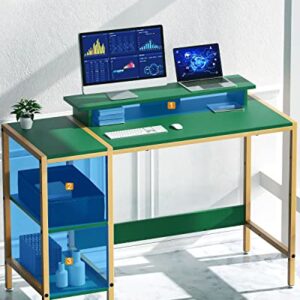 MINOSYS Gaming Computer Desk with Storage,Monitor Stand 47” Small, Writing Desk for 2 Monitors, Adjustable Storage Space, Modern Design Corner Table for Home Office, Green.