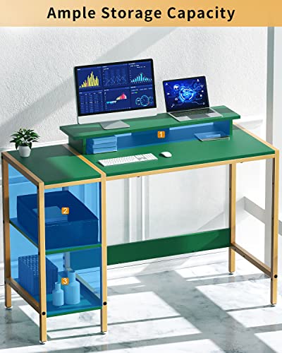 MINOSYS Gaming Computer Desk with Storage,Monitor Stand 47” Small, Writing Desk for 2 Monitors, Adjustable Storage Space, Modern Design Corner Table for Home Office, Green.