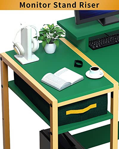 MINOSYS Gaming Computer Desk with Storage,Monitor Stand 47” Small, Writing Desk for 2 Monitors, Adjustable Storage Space, Modern Design Corner Table for Home Office, Green.