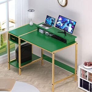 MINOSYS Gaming Computer Desk with Storage,Monitor Stand 47” Small, Writing Desk for 2 Monitors, Adjustable Storage Space, Modern Design Corner Table for Home Office, Green.