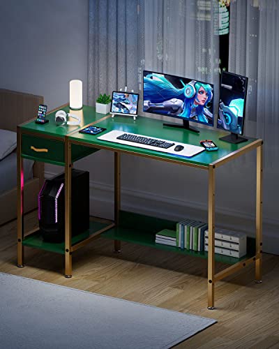 MINOSYS Gaming Computer Desk with Storage,Monitor Stand 47” Small, Writing Desk for 2 Monitors, Adjustable Storage Space, Modern Design Corner Table for Home Office, Green.