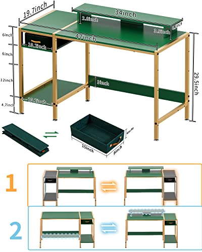 MINOSYS Gaming Computer Desk with Storage,Monitor Stand 47” Small, Writing Desk for 2 Monitors, Adjustable Storage Space, Modern Design Corner Table for Home Office, Green.