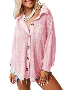 dokotoo women's long sleeve v neck waffle knit shacket - comfy winter button down jacket - pink xxl