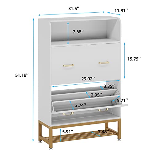 TIYASE Shoe Cabinet with 2 Flip Drawers, Modern Tipping Bucket Shoe Storage Cabinet for Entryway, 28 Pairs Free Standing Shoe Rack Organizer with Shelves,White