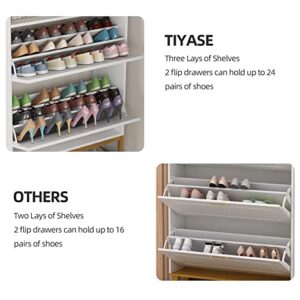 TIYASE Shoe Cabinet with 2 Flip Drawers, Modern Tipping Bucket Shoe Storage Cabinet for Entryway, 28 Pairs Free Standing Shoe Rack Organizer with Shelves,White