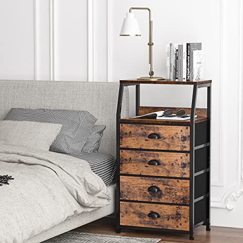 Furnulem Tall 4 Drawers Dresser, Vertical Storage Tower Fabric Dresser for Bedroom, Hallway, Entryway, Nursery, Closet Organizer, Nightstand Bedside Table Furniture, Sturdy Steel Frame, Wood Top