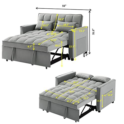 Sleeper Sofa Couch w/Pull Out Bed, 55" Modern Velvet Convertible Sleeper Sofa Bed, Small Love seat Sofa Bed with 2 Pillows & Detachable Side Pockets for Small Space, Living Room, Apartment, Grey