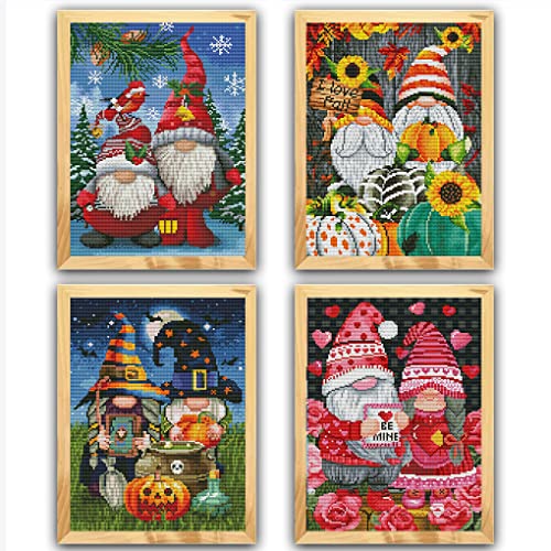 Eiazuiks 4 Packs Stamping Cross Stitch Kit, Gnome Counting Cross Stitch Kit for Adult Beginners, Full Line DIY Cross Stitch Stitching Kit for Home Decor Cross Stitch Patterns 11.8x15.7 inches