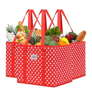 mvscocean reusable grocery bags, shopping cart bag,heavy duty,hard bottom foldable trunk organizer,set of 3 (polka dot red)