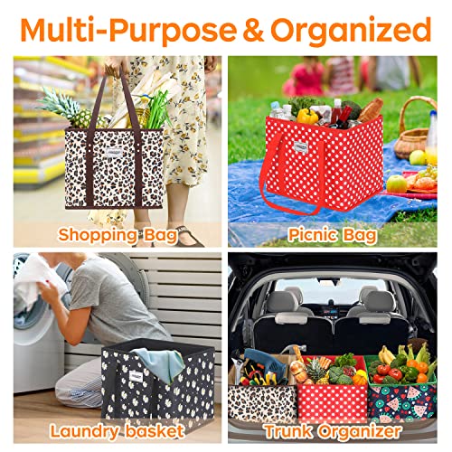 MVSCOCEAN Reusable Grocery Bags, Shopping Cart Bag,Heavy Duty,Hard Bottom Foldable Trunk Organizer,Set of 3 (Polka Dot Red)