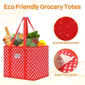 MVSCOCEAN Reusable Grocery Bags, Shopping Cart Bag,Heavy Duty,Hard Bottom Foldable Trunk Organizer,Set of 3 (Polka Dot Red)