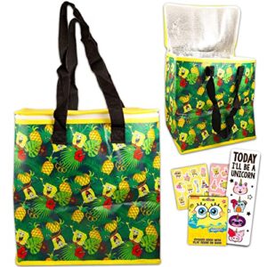 Spongebob Cooler Bag Set - Bundle with Insulated Spongebob Tote Bag for Picnics, Parties, More Plus Spongebob Stickers and Bookmark | Spongebob Grocery Bag