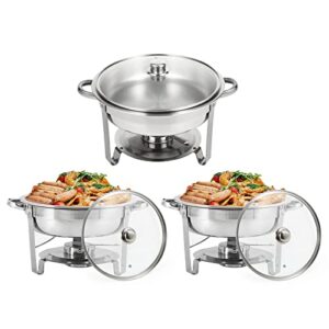 restlrious chafing dish buffet set 3 pack stainless steel round chafers and buffet warmers set with glass viewing lid, 5qt foldable complete set for buffet catering w/water pan, food pan, fuel holder