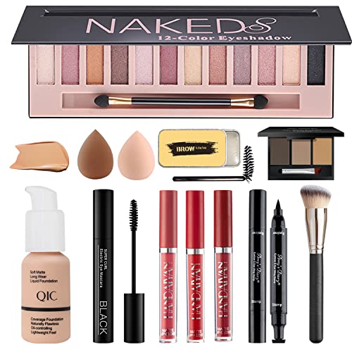 All in One Makeup Kit, Includes 12 Colors Naked Eyeshadow Palette, Buff Beige Liquid Foundation, Lipstick Set, Mascara, Makeup Brush, Makeup Sponge, Eyebrow Powder, Eyebrow Soap, Winged Eyeliner Stamp, Makeup Gift Set for Women(#104)