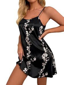 floerns women's sleeveless floral print spaghetti strap satin chemise nightgown black l