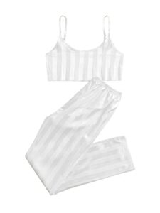 wdirara women's satin striped cami top and pants soft sleeveless pajama lounge set white l