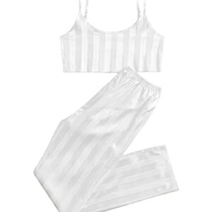 WDIRARA Women's Satin Striped Cami Top and Pants Soft Sleeveless Pajama Lounge Set White L