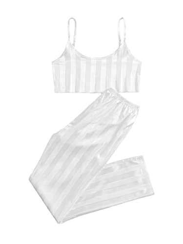 WDIRARA Women's Satin Striped Cami Top and Pants Soft Sleeveless Pajama Lounge Set White L